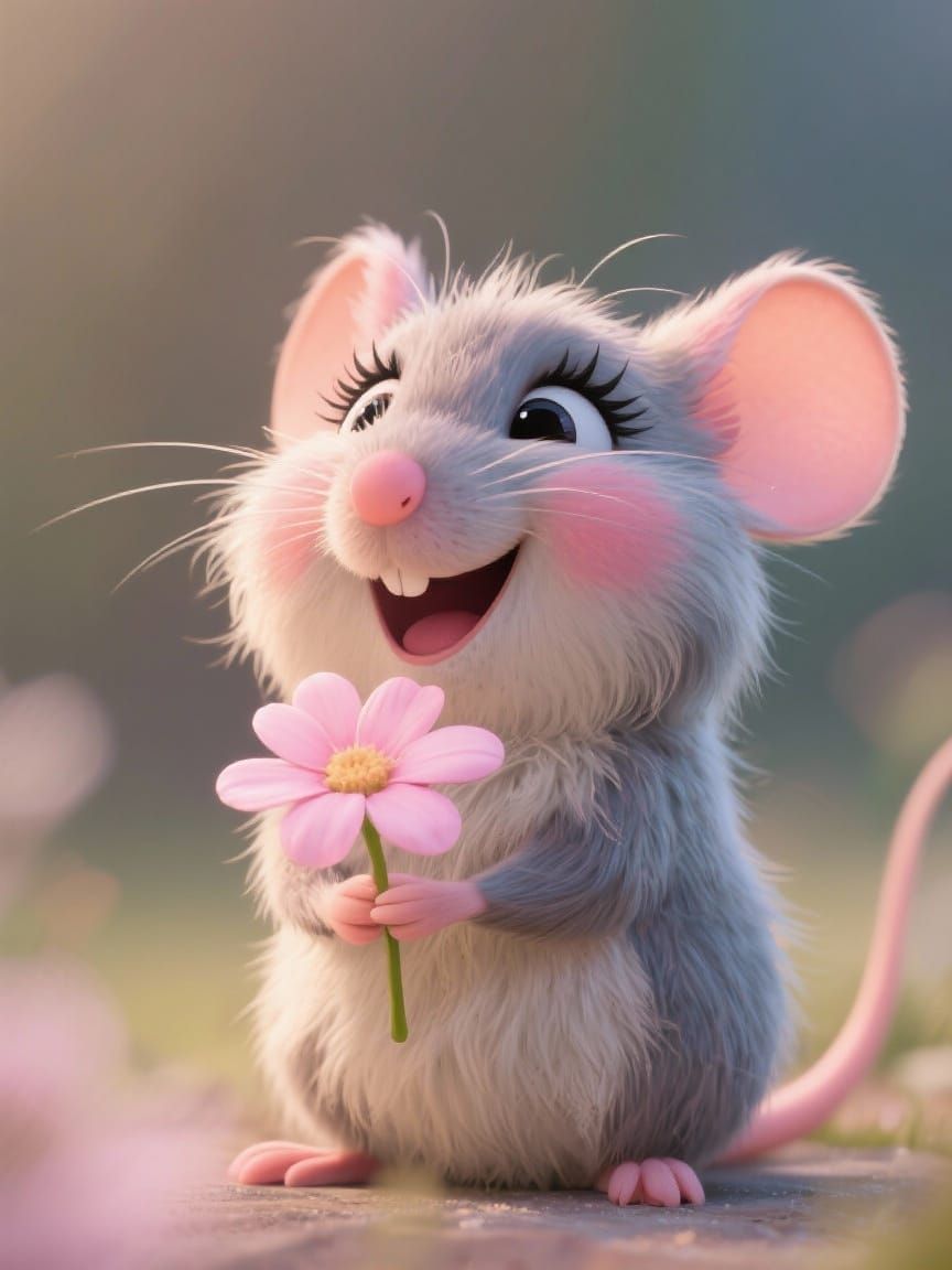 Adorable Fluffy Mouse Holding Pink Flower in Cartoon Style
