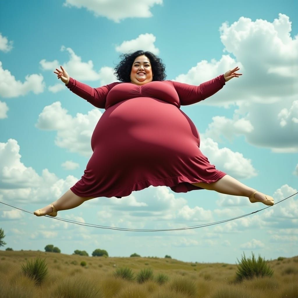 Ballerina on Tightrope in Windy Sky