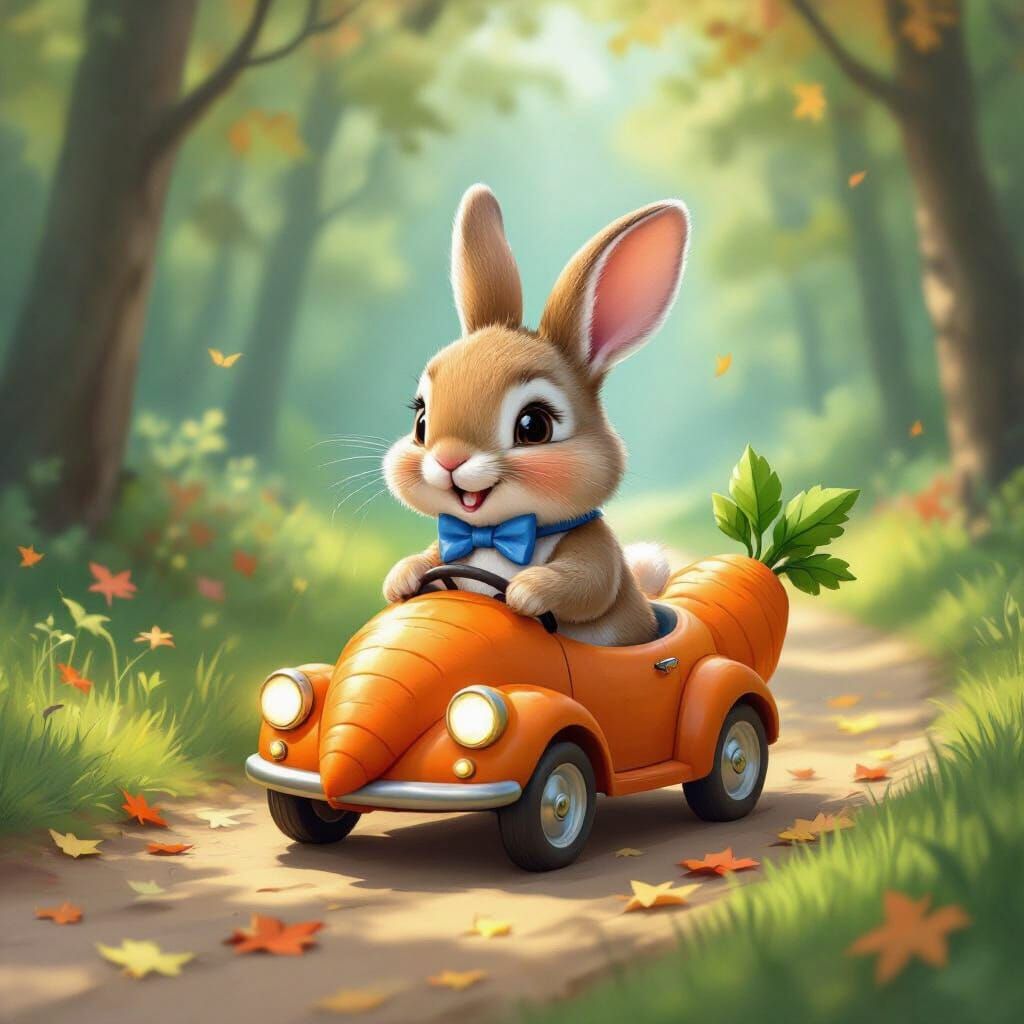 Rabbit in Carrot Car on Forest Path