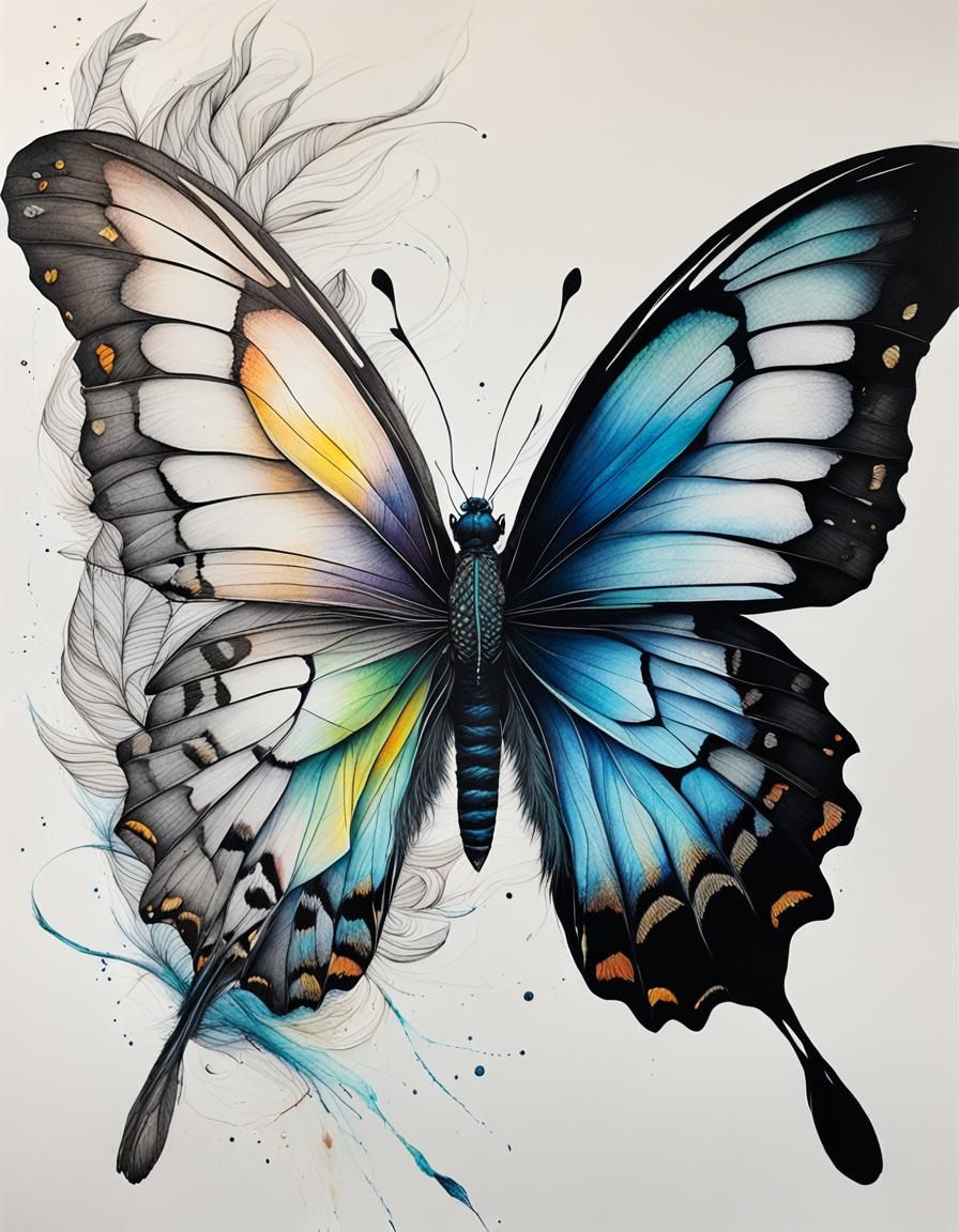 Butterfly Artwork in Feather Sketch and Acrylic Style