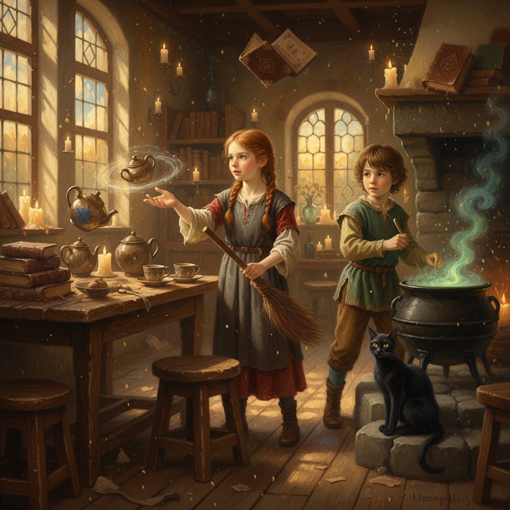 Children's Magic Chores in a Rustic Wizard Home Oil Painting