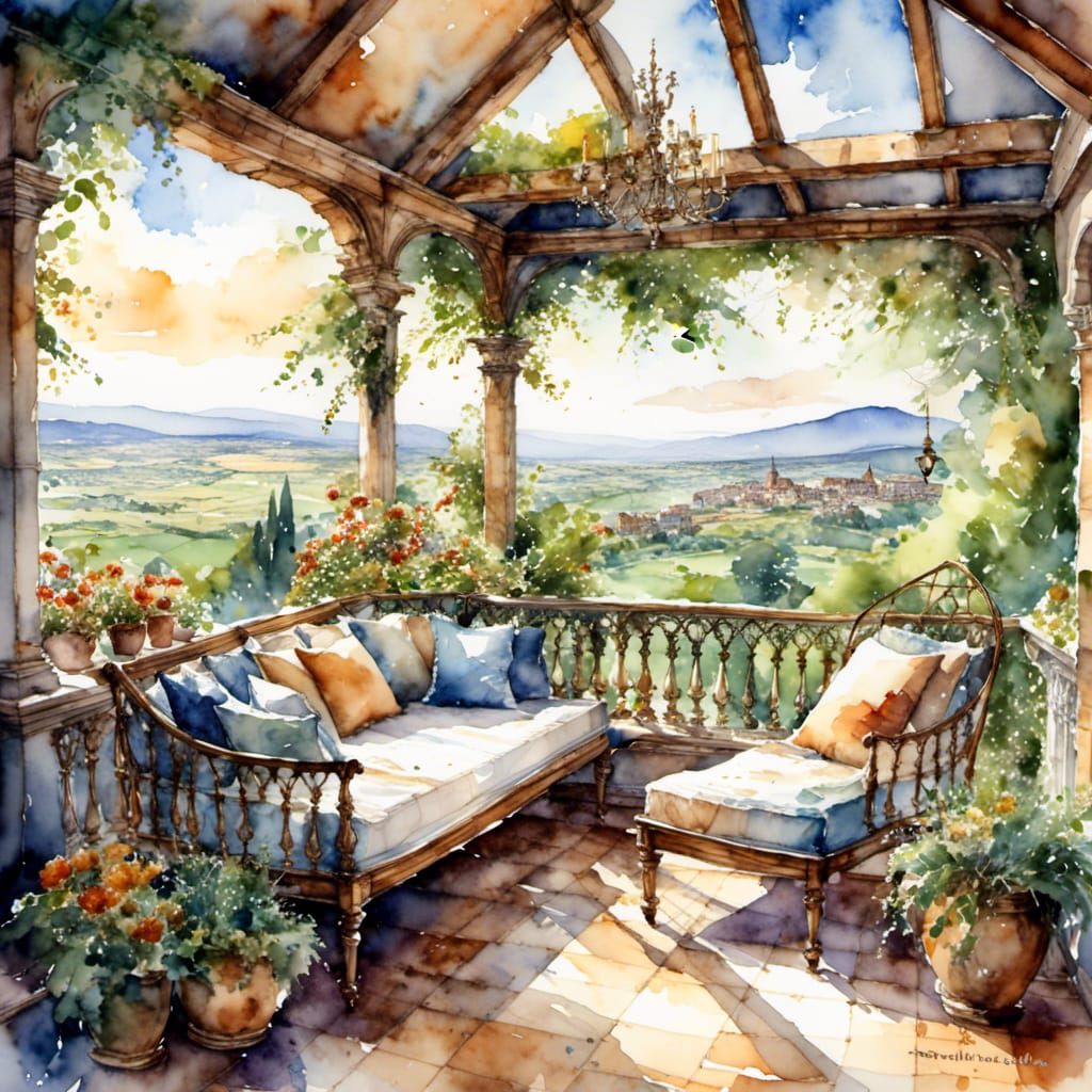 Watercolor Bird on Wire Above Plains