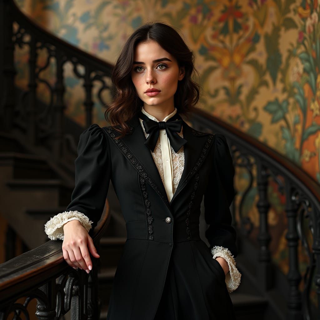 Gothic Art Nouveau Lady Stands on Ornate Staircase in Elegan...