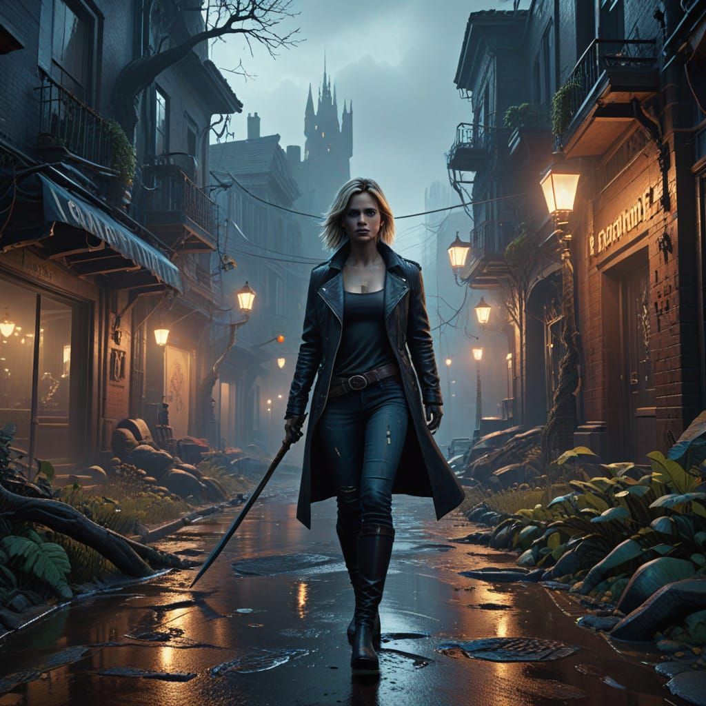 Gothic Vampire Hunter in a Dark, Mystical Cityscape