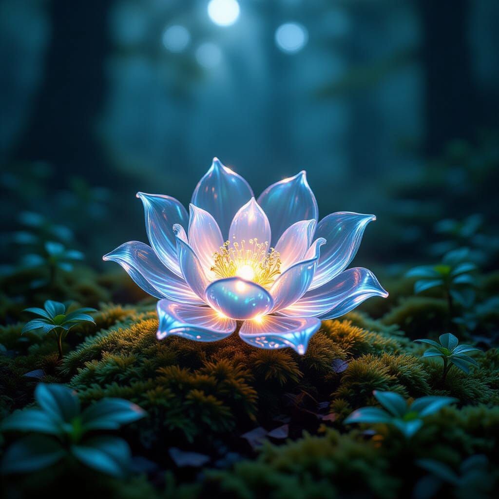 Ethereal Glass Flower Glows in Moonlit Forest