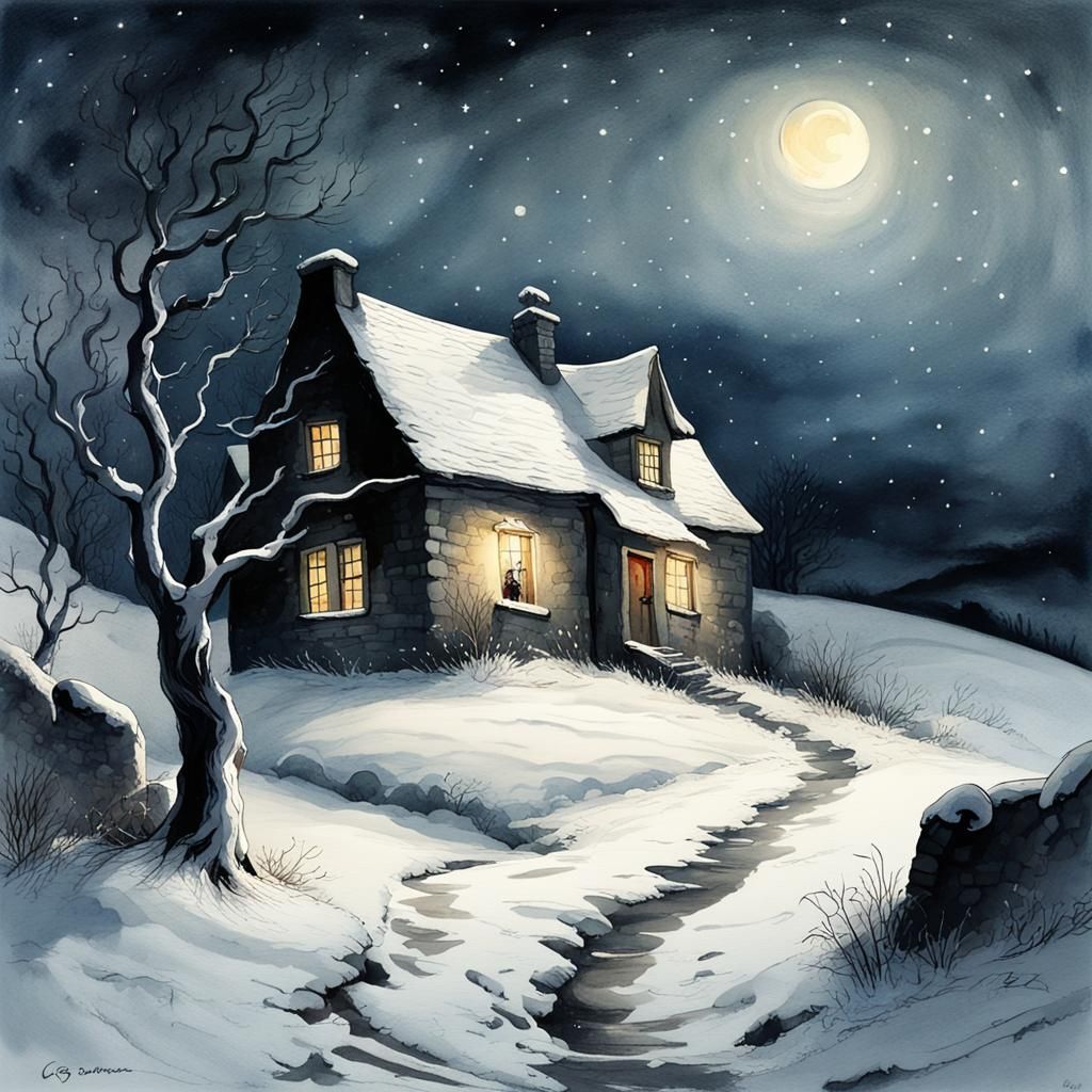 Snowy Croft House Under Starry Sky