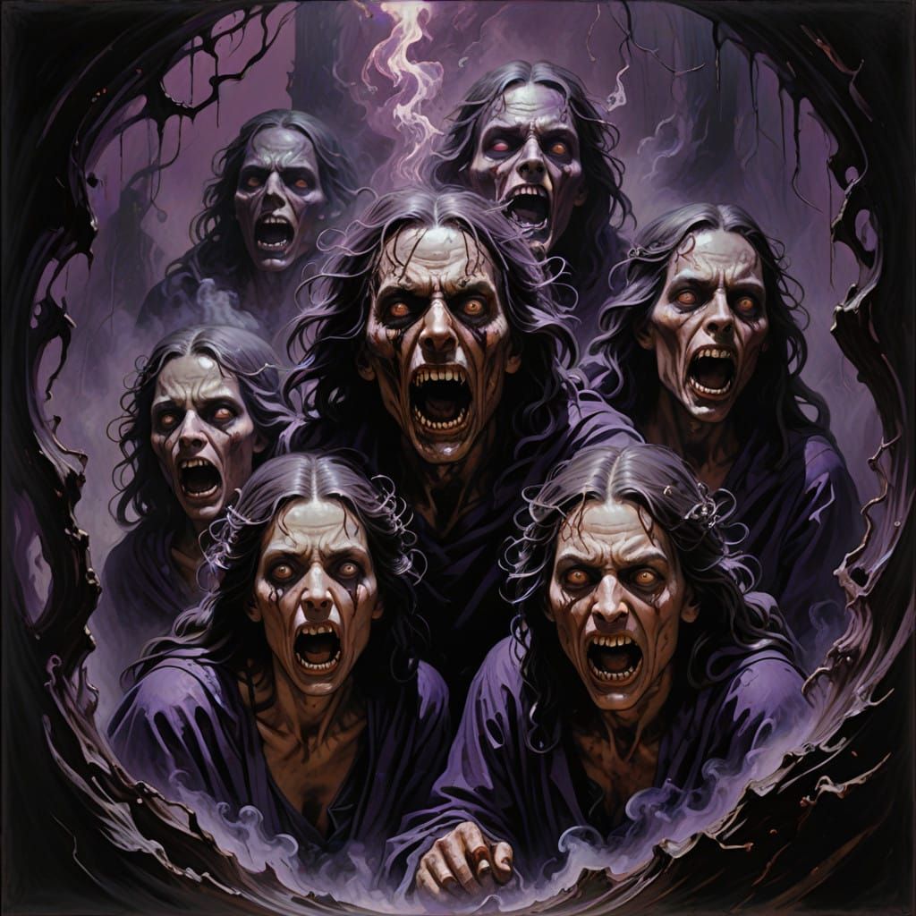 Distorted Faces Trapped in Dark Purple Crystal