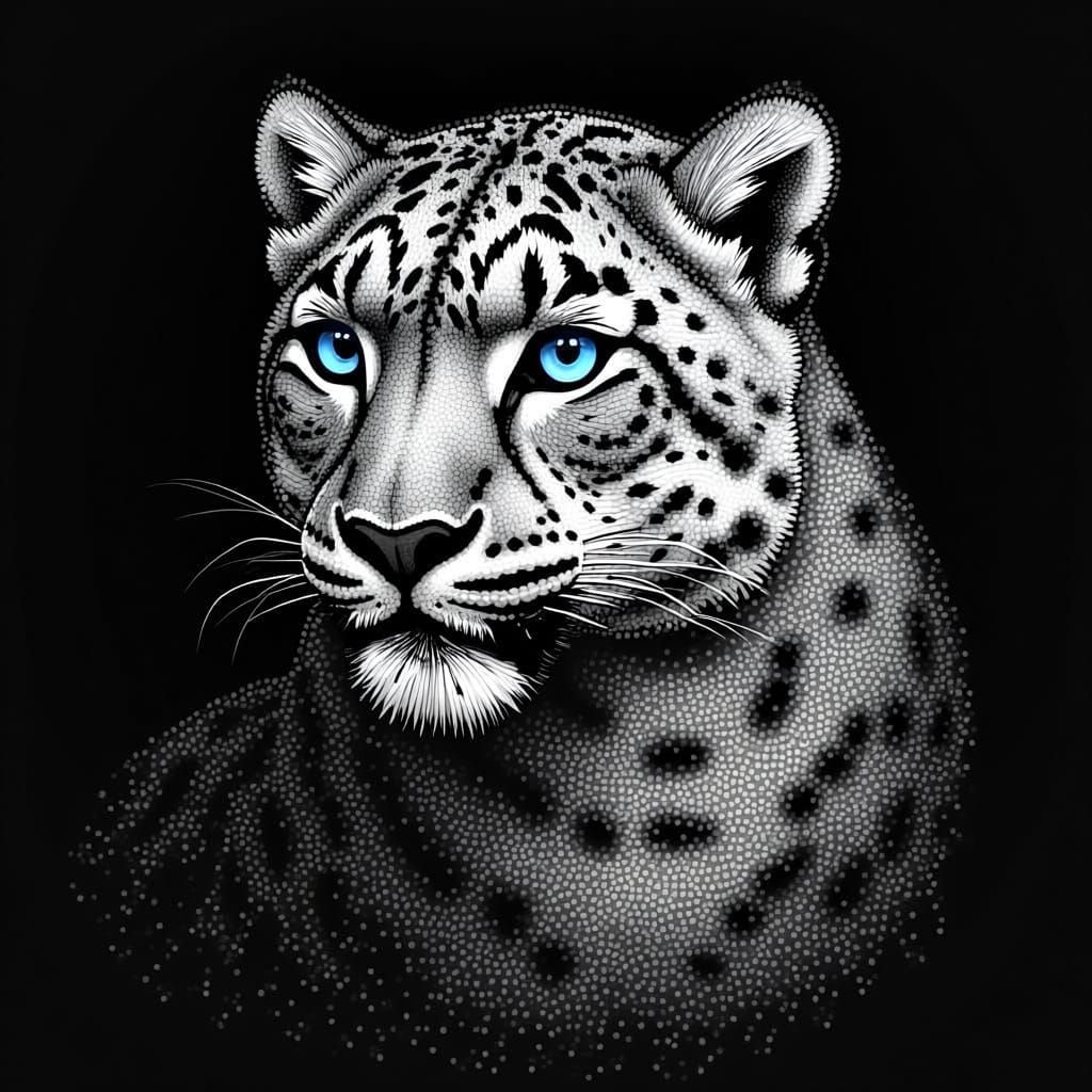 Snow Leopard Stipple Art Drawing with Engraving Detail