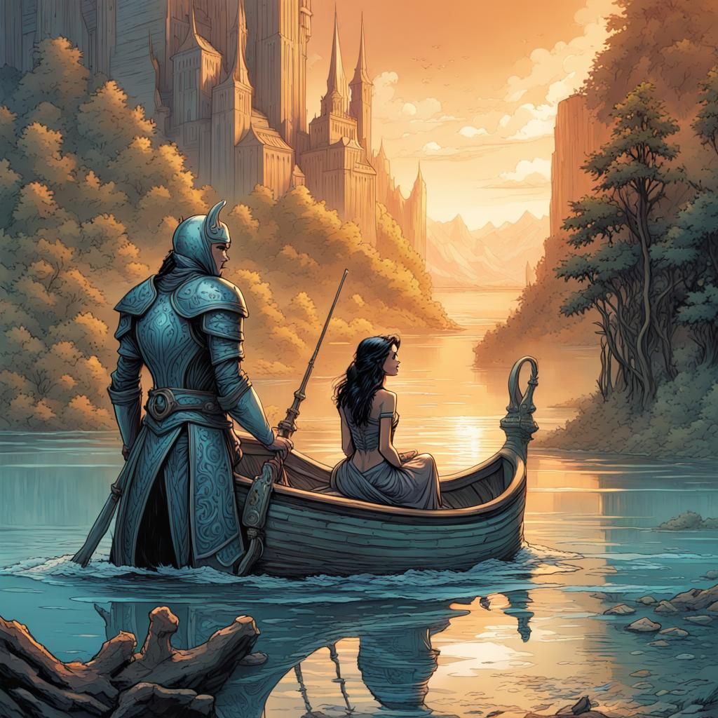 Aquatic Queen in Turquoise Lake: Comic Book Art