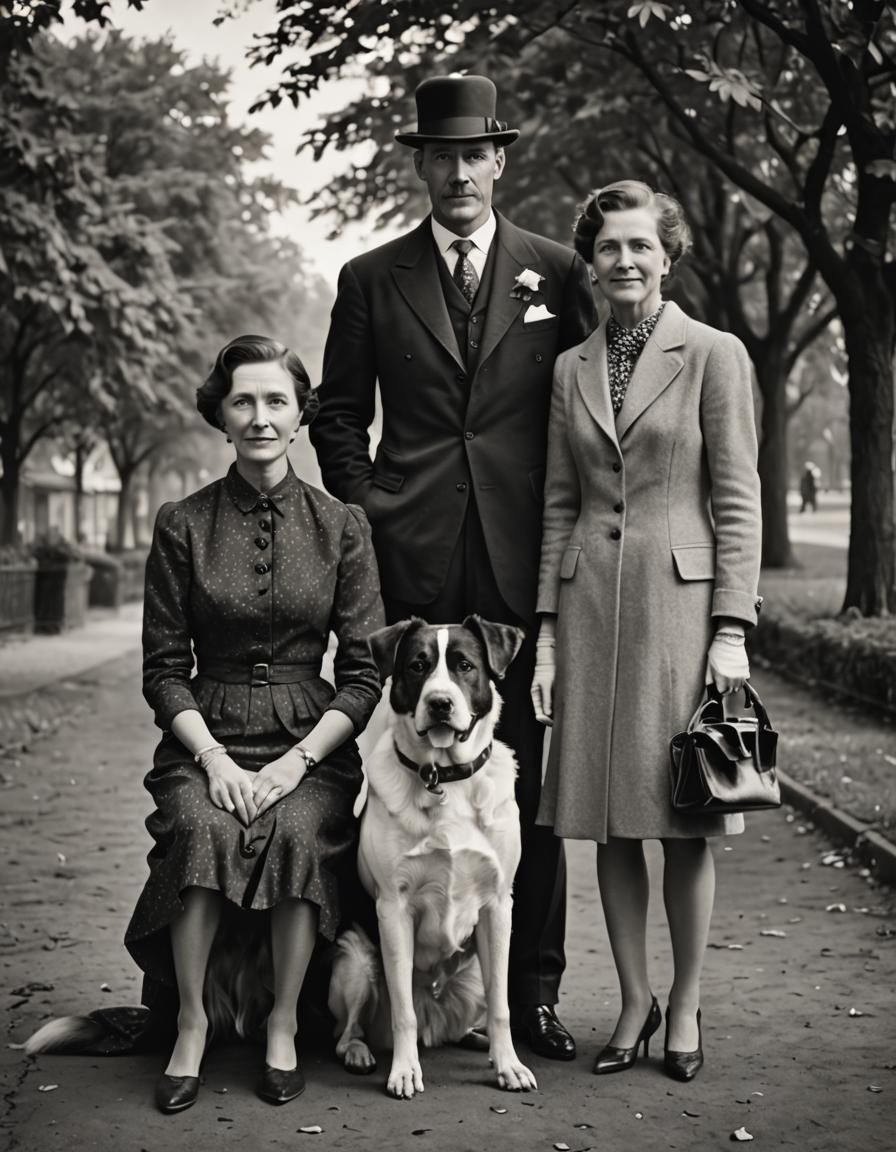 Elegant Black and White Portrait of a Couple with Dog