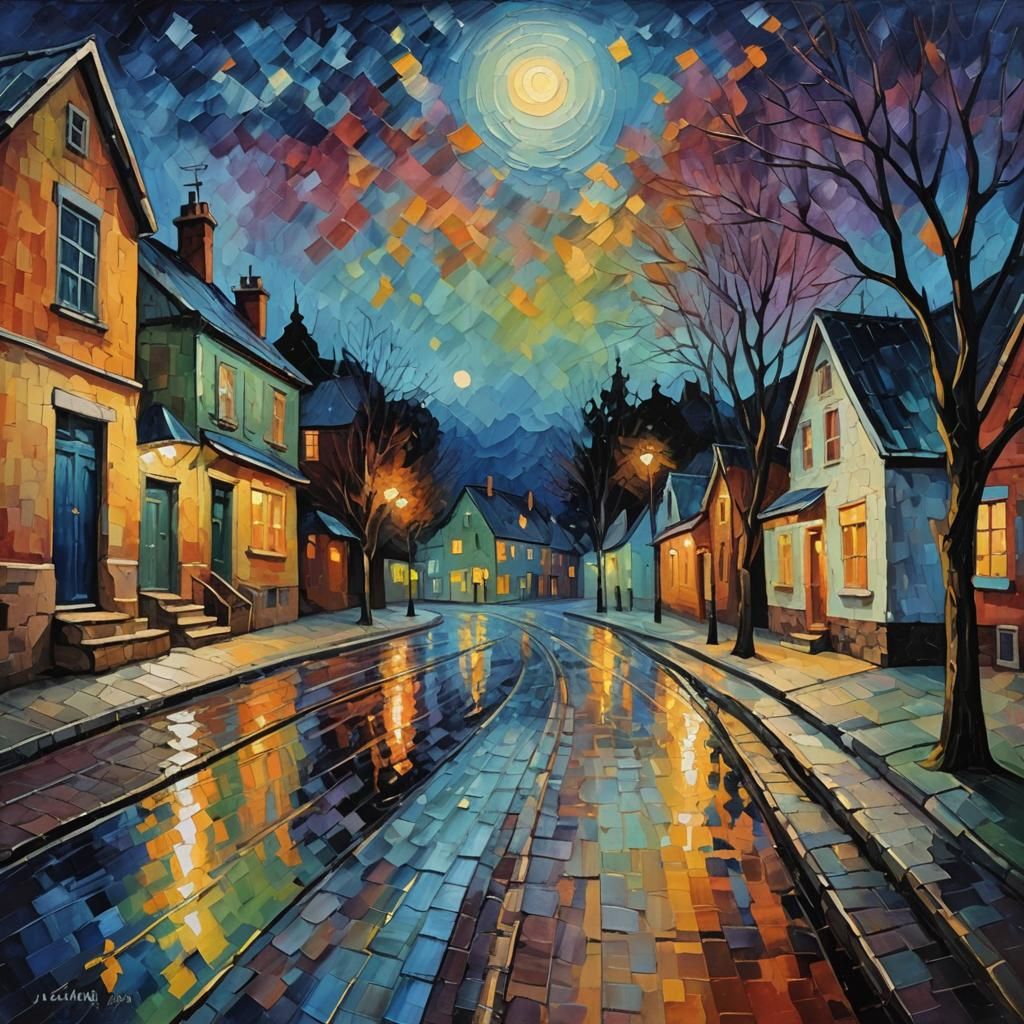 Moonlit Street: An Expressionist Oil Painting