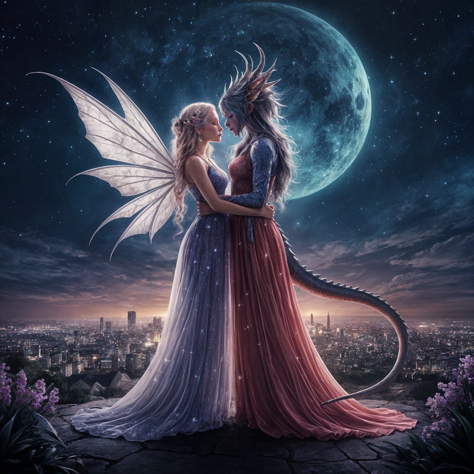 Fantasy Fairy and Dragon Girl Couple Under Starry Night Sky