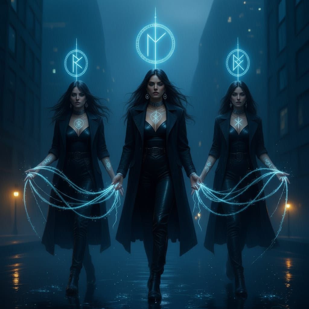 Mysterious Women in Misty City with Cosmic Energy