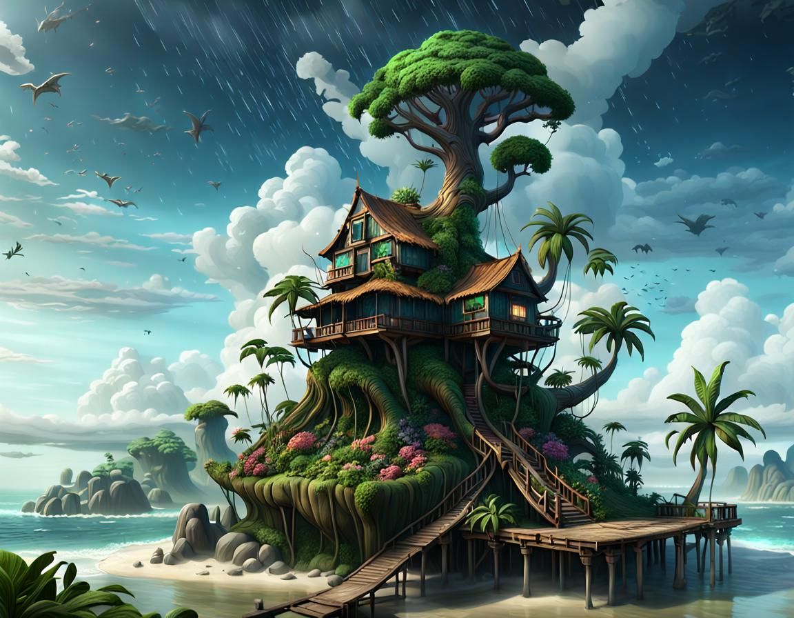 Tropical Treehouse with Monsters: Fantasy Concept Art