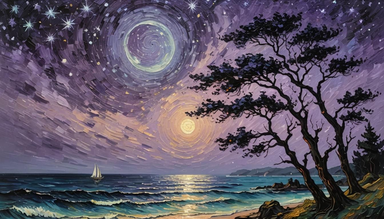 Impasto Nightscape with Purple Sky and Stars