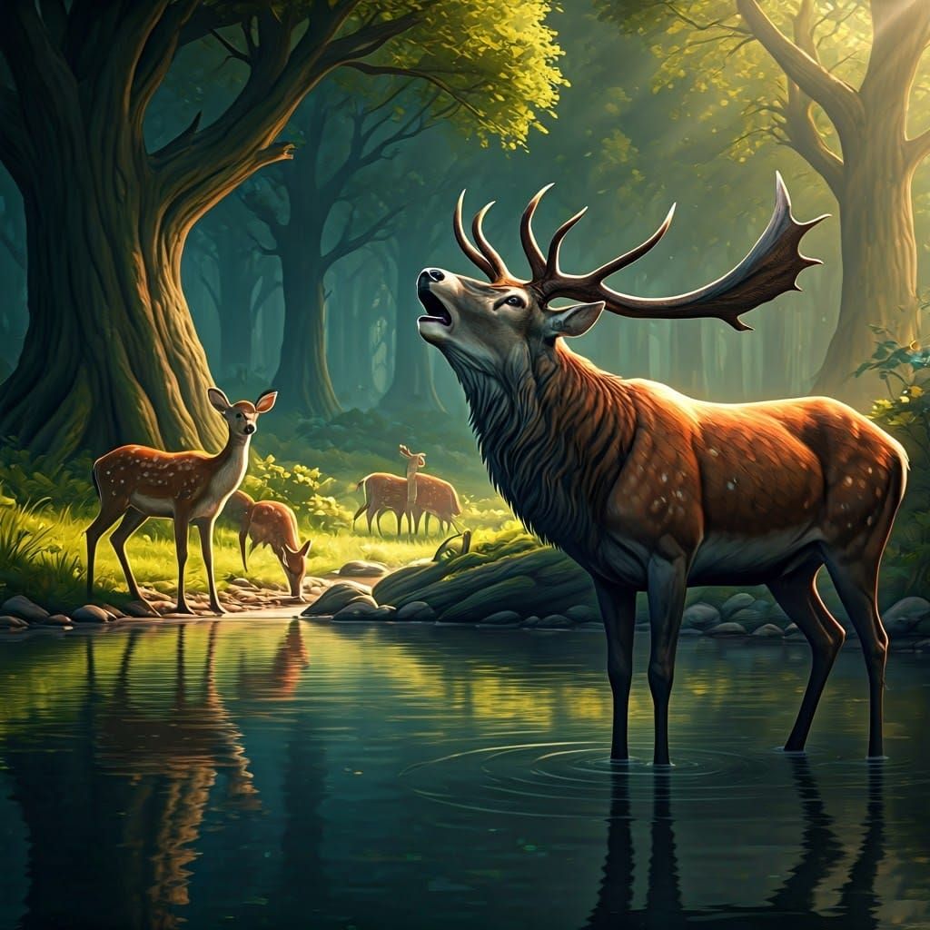 Majestic Deer at Serene Watercourse in Earthy Tones