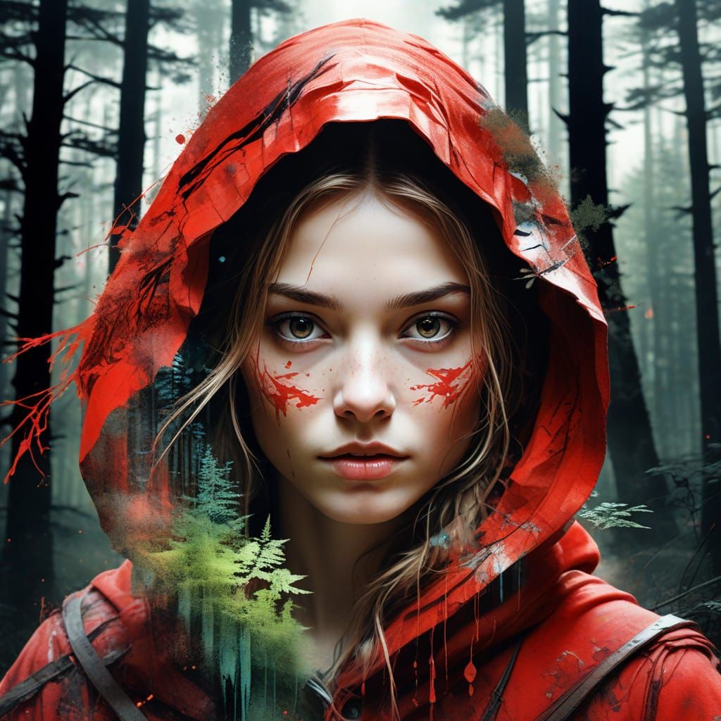 Portrait Red Riding Hood Digital watercolor Illustration wit...
