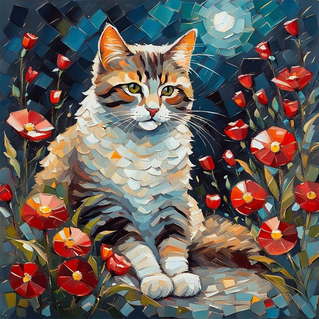 Cat on Pillow in Floral Landscape, Impasto Painting