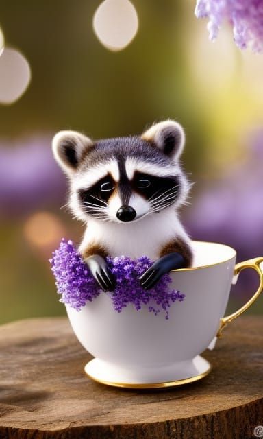 Raccoon and lilacs
