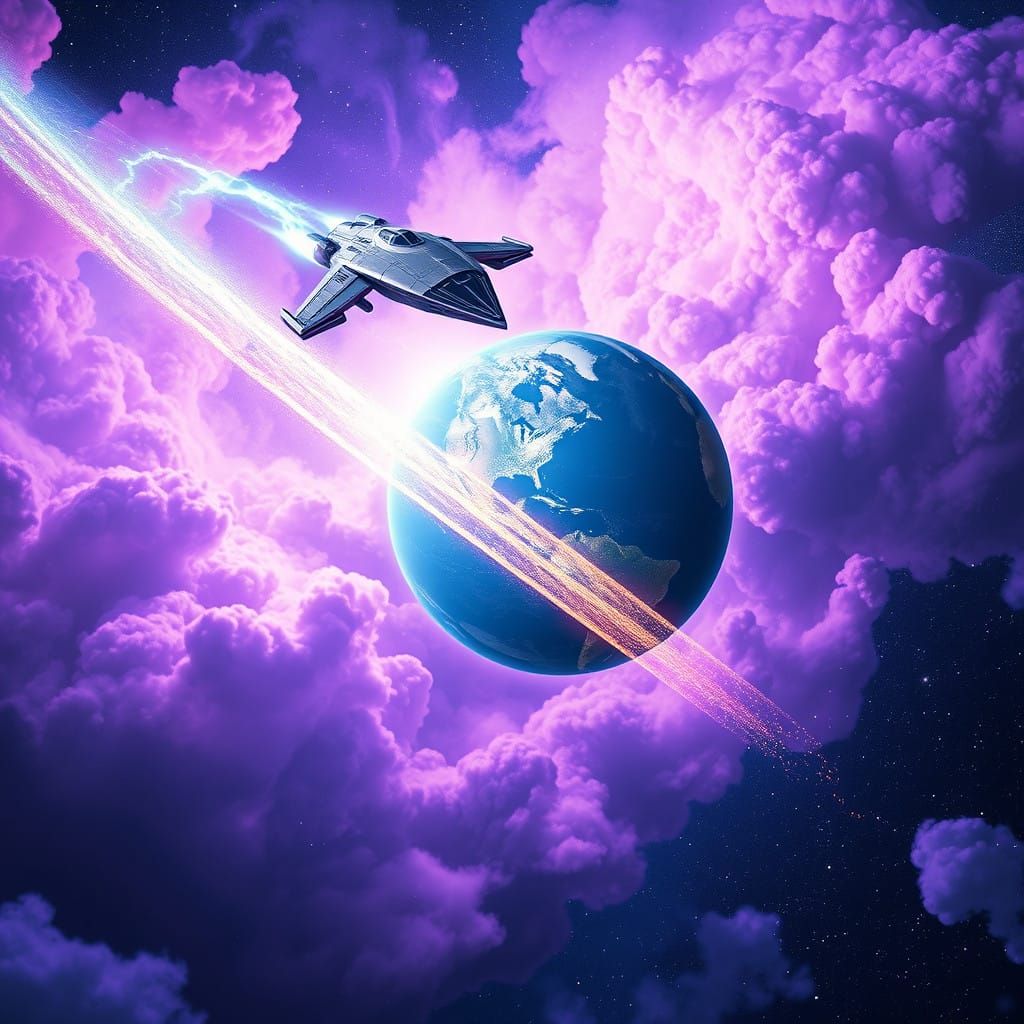 Stellar Odyssey: Warp Speed Starship Over Serene Blue Planet