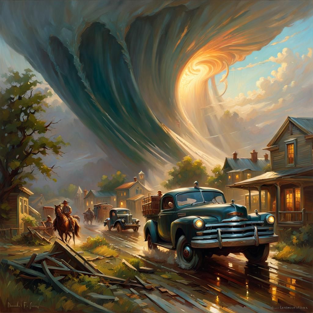 Apocalyptic Tornado Destruction in Splash Art Style