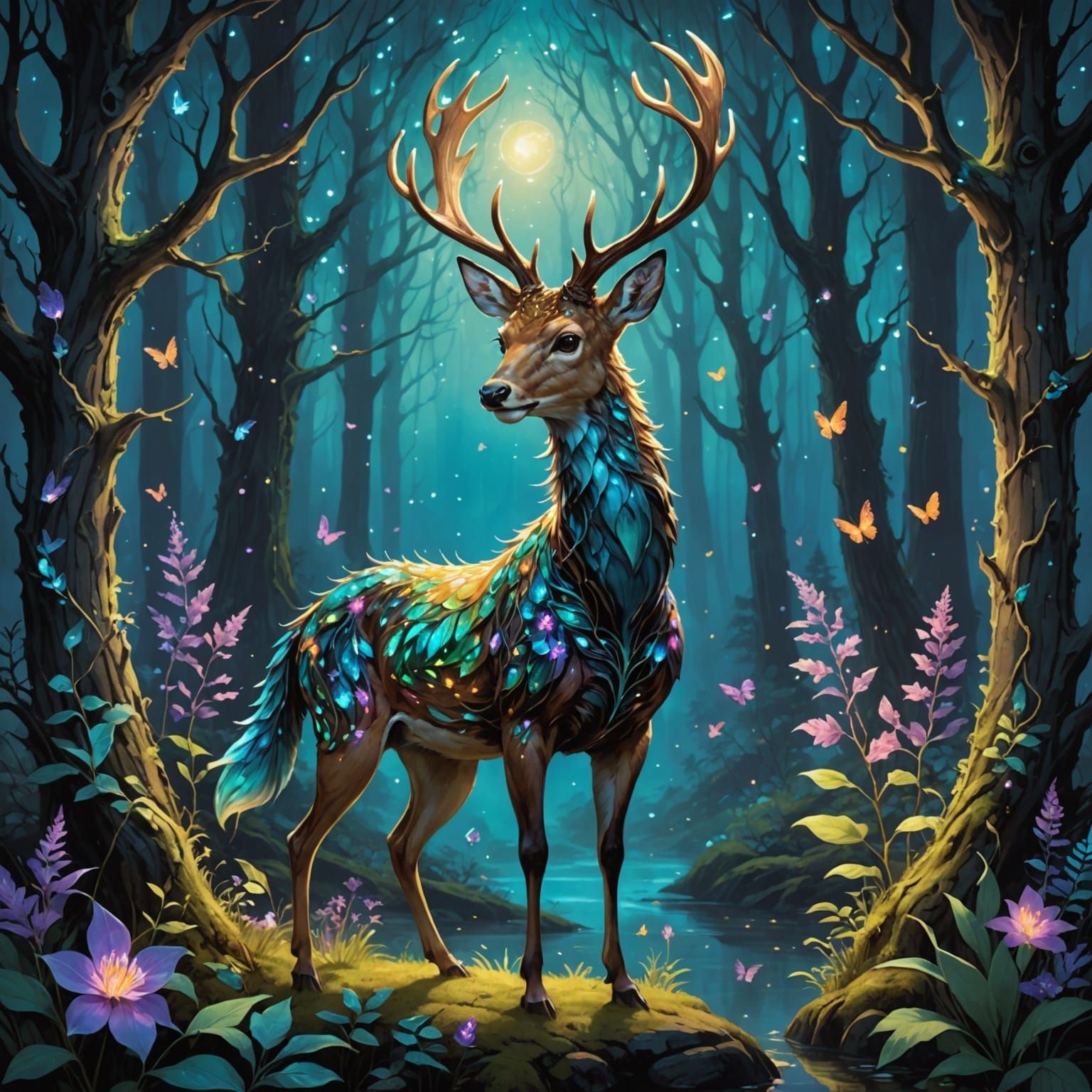 Mythical Deer Dragon Stands in Twilight Forest