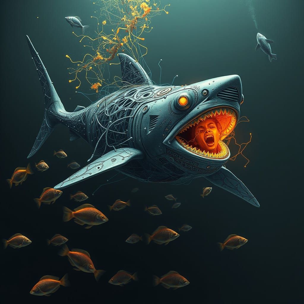 Biomechanical Shark in a Futuristic Underwater Scene