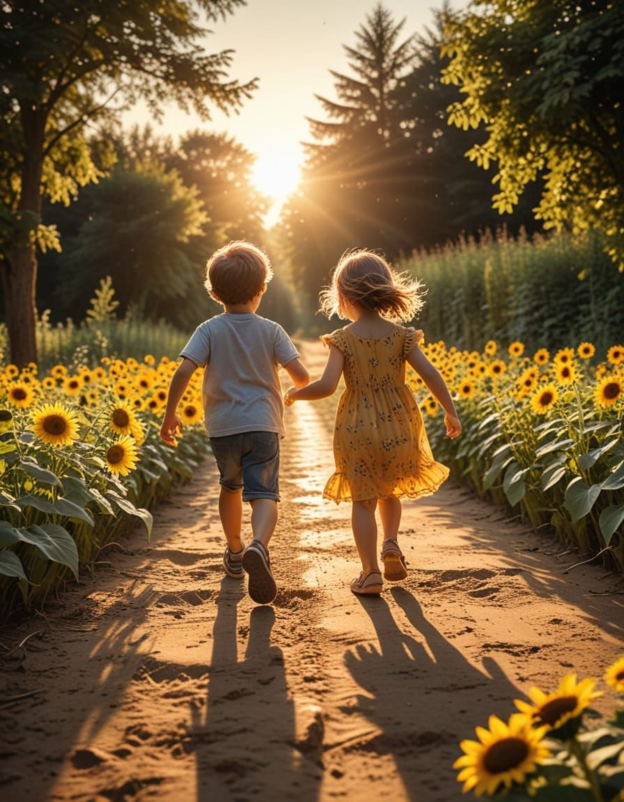 1. Two children running 2. Golden hour or sunset lighting 3. A pathway lined with blooming sunflowers

Instructions that...