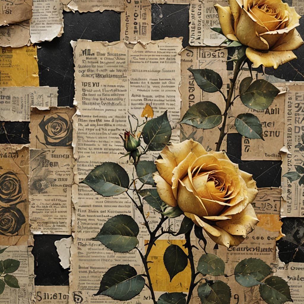 Vintage Collage Art with Yellow Rose