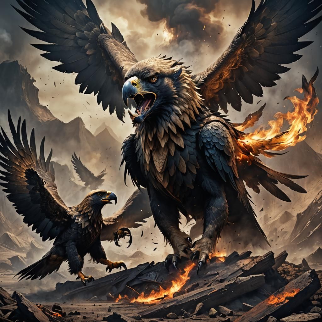 Fiery Mastiff-Eagle Hybrid in Dark Fantasy Art