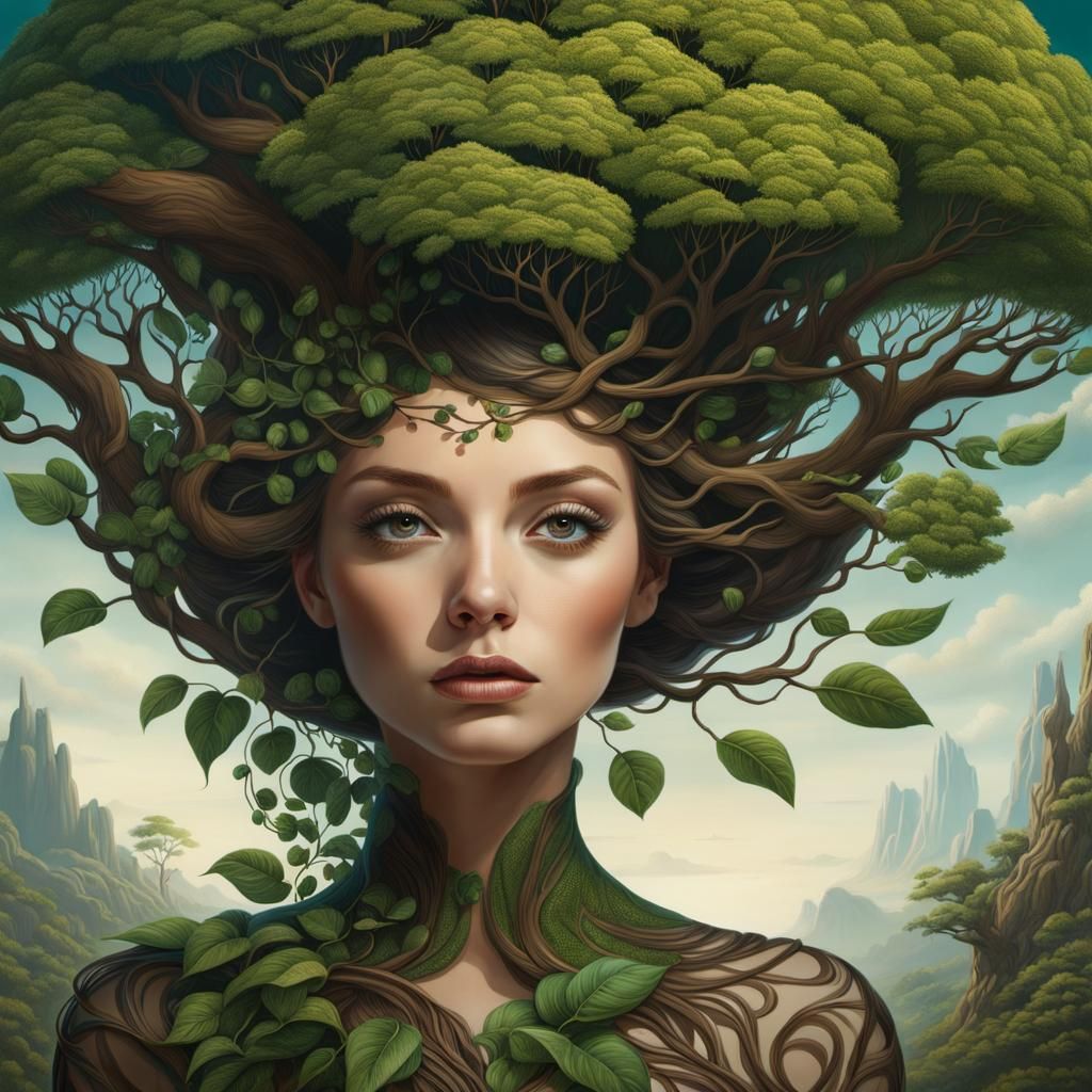 Surreal Portrait: Woman with Tree Growing From Head