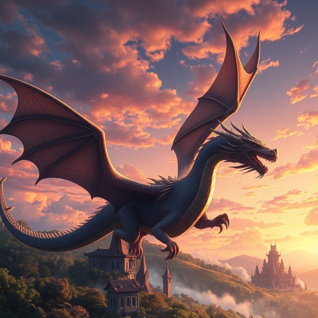 Dragon Soars through Golden Dusk in Vibrant Fantasy Landscap...