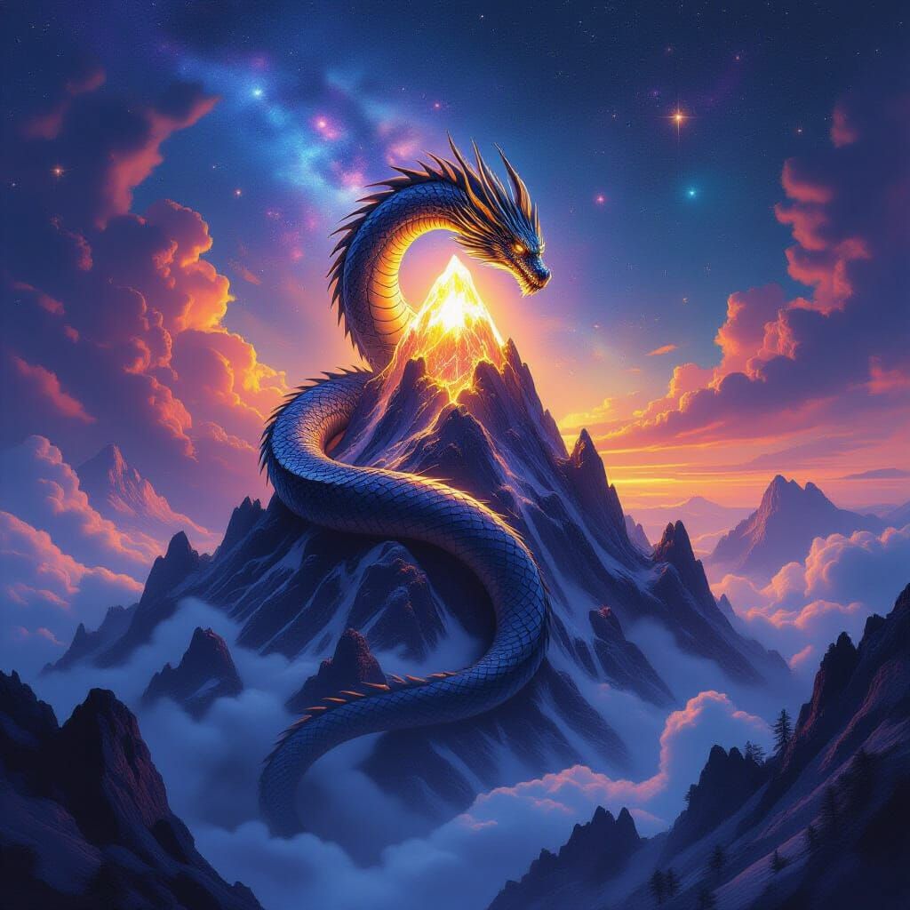 Ancient Obsidian Dragon on Crystal Peak in Star Nebula