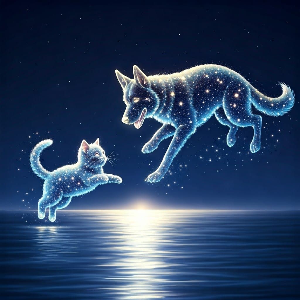 Cosmic Kitten and German Shepherd in Whimsical Stardust Play