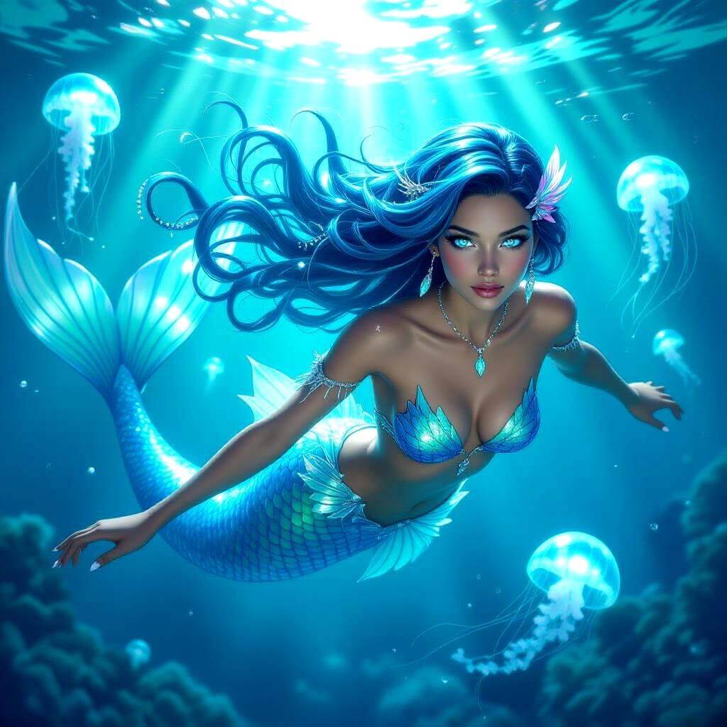 Turquoise Mermaid in Glowing Ocean, Fantasy-Realism Style