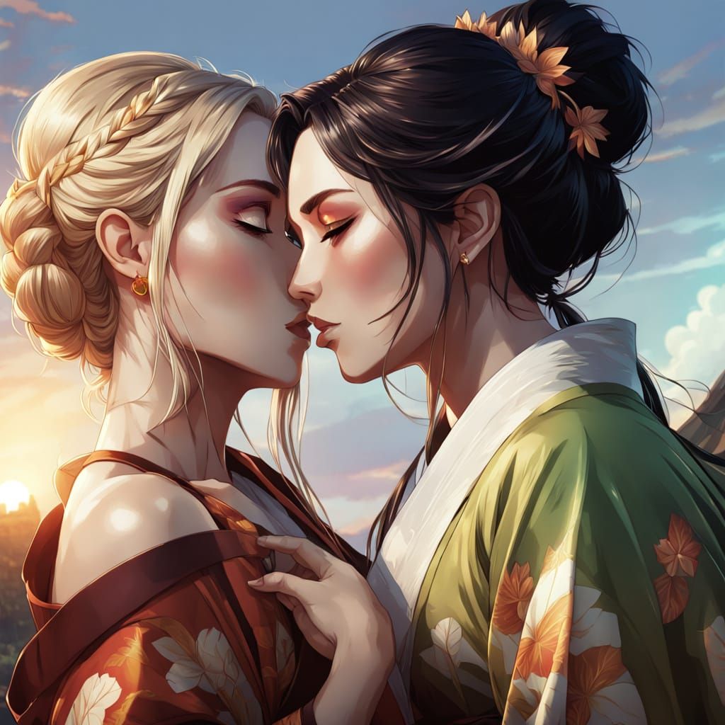 Anime Lesbian Kiss at Sunset in Comic Book Art