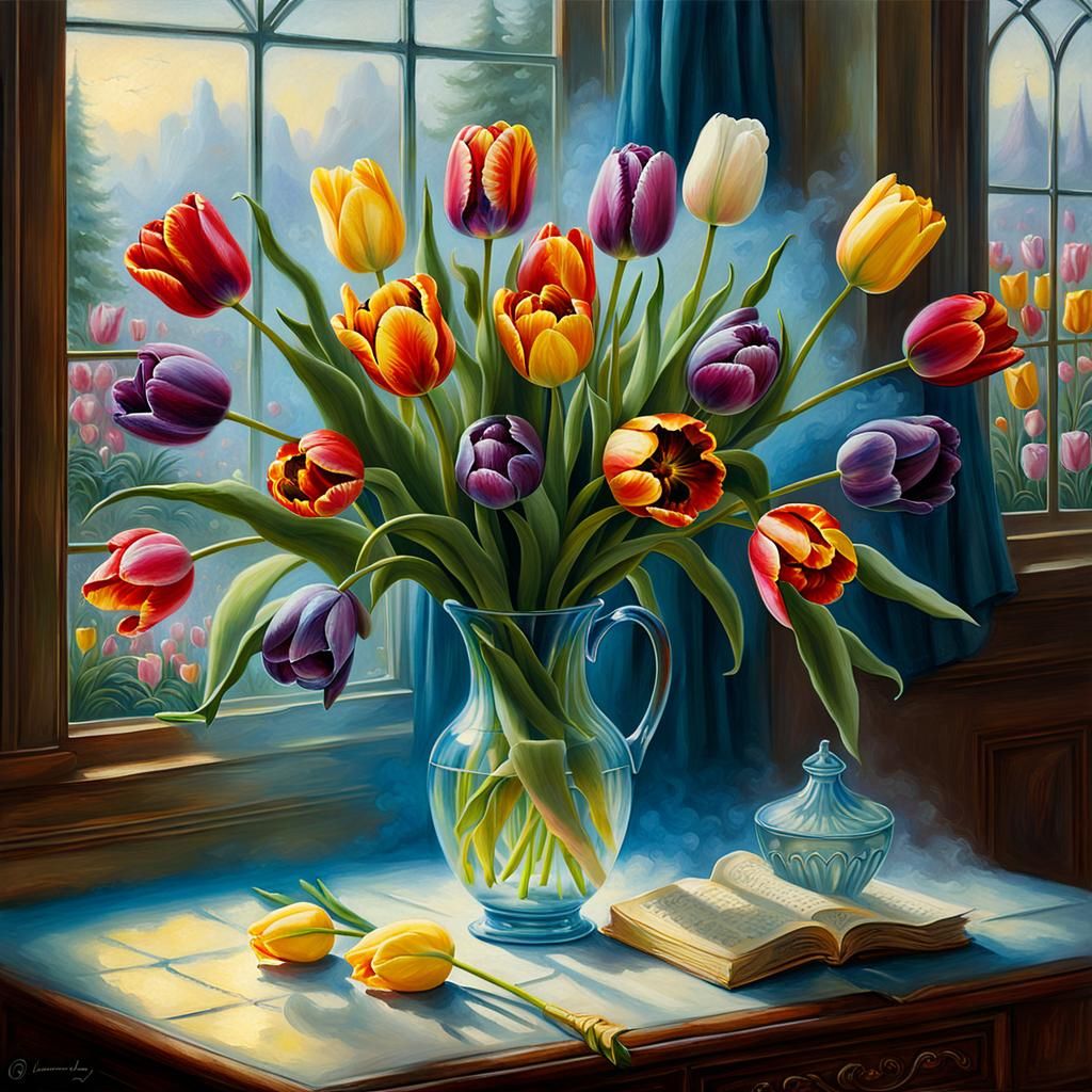 Ethereal Tulips Bouquet in Detailed Matte Painting