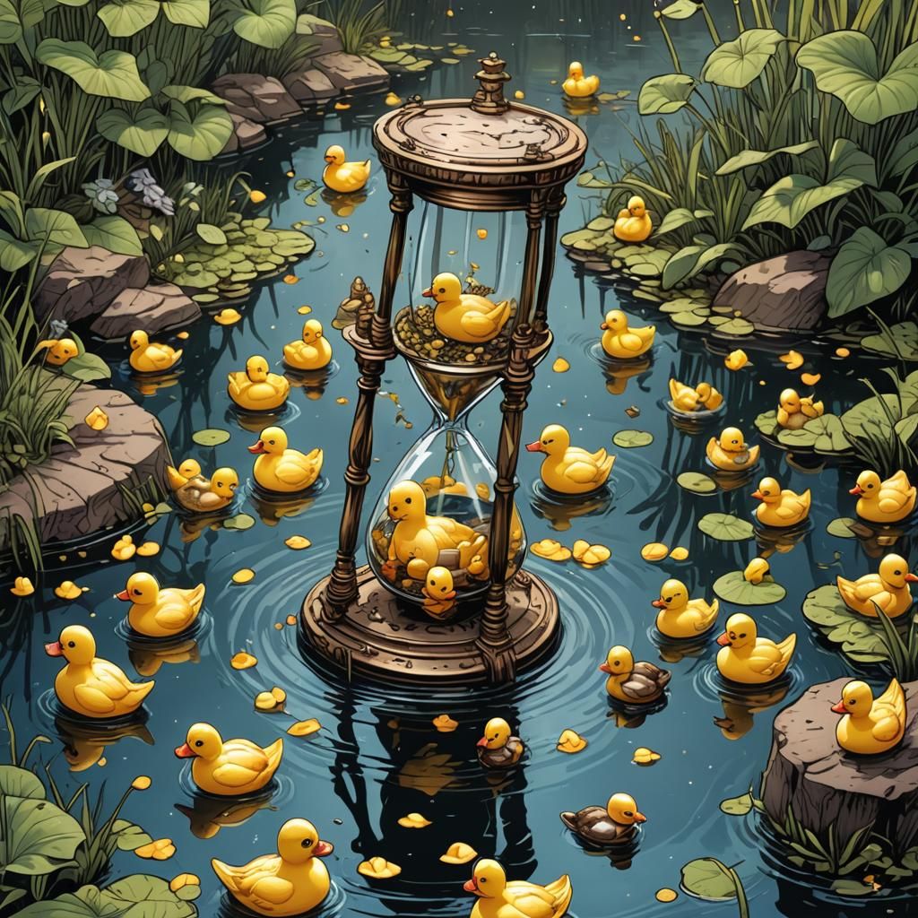 Hourglass Filled with Rubber Ducks in Pond