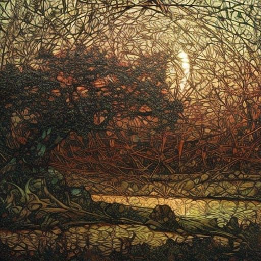 Stained Glass Landscape in Art Nouveau Style