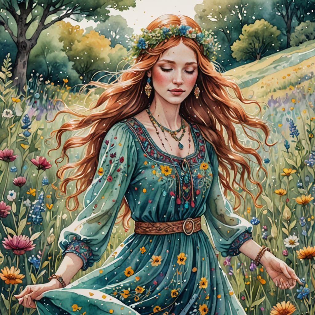 Whimsical Gypsy Girl Dancing in Wildflower Meadow