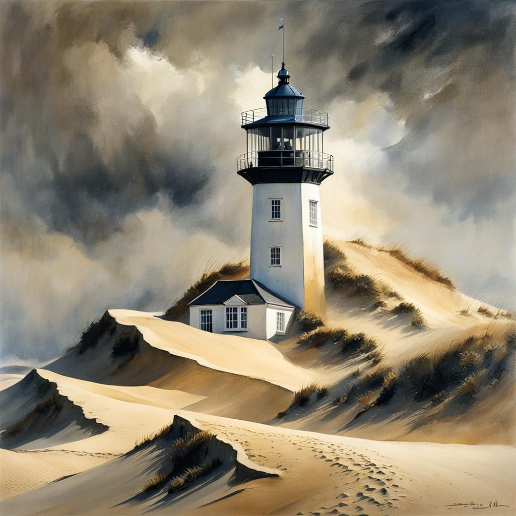 Stormy Lighthouse on Shifting Dune: Detailed Coastal Scene