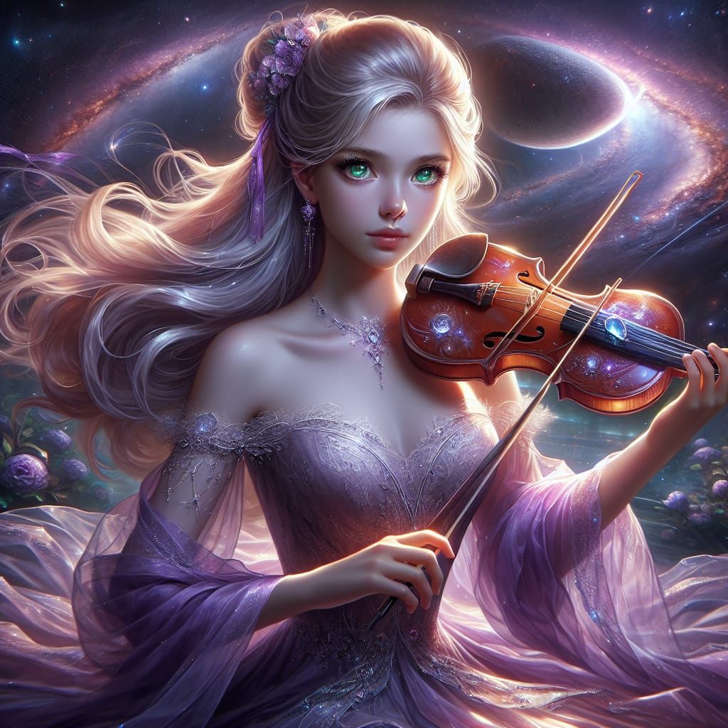 Ethereal Girl with Crystal Violin in Galactic Scene