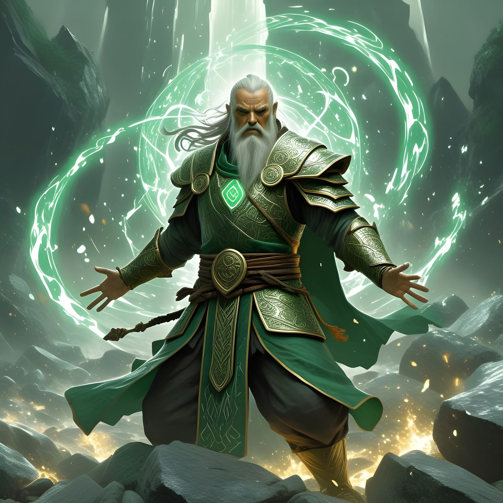 Epic Fantasy Warrior God of Earth Magic in Ancient Armor