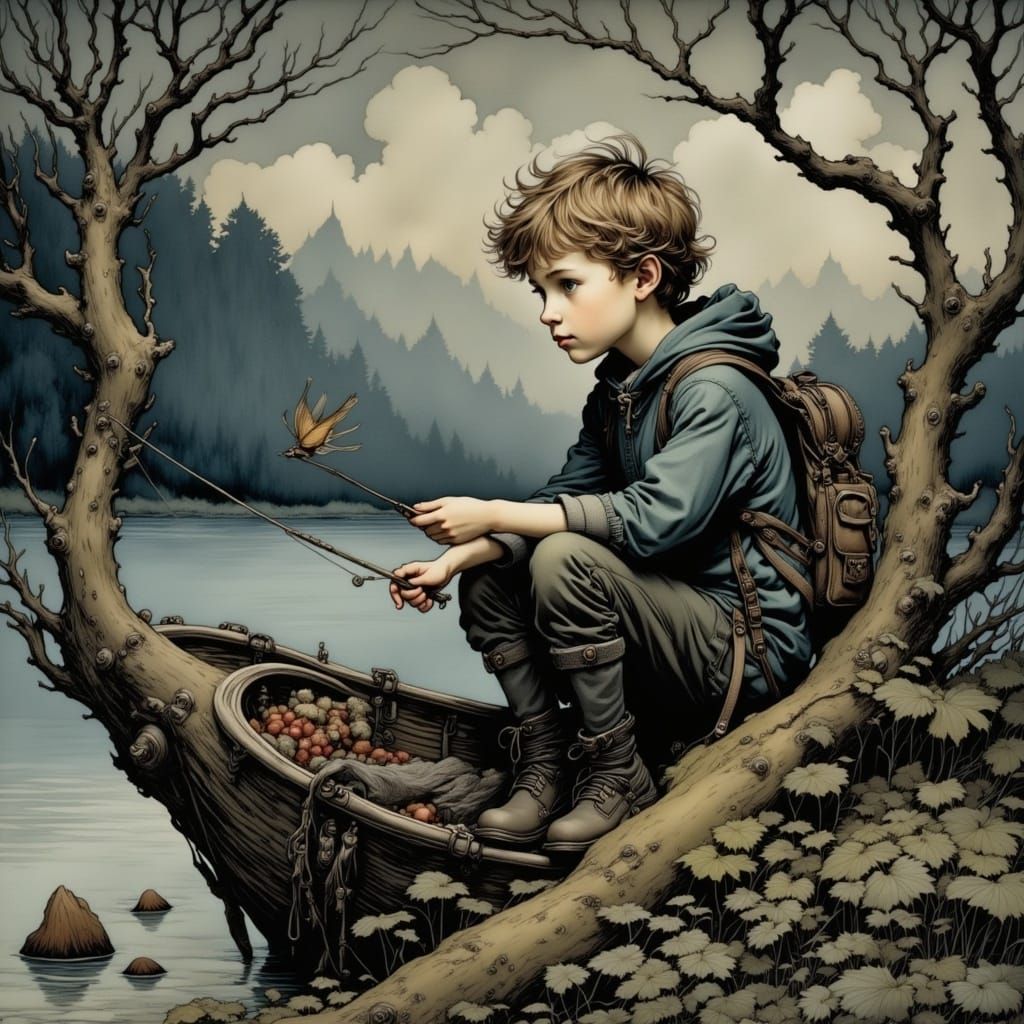 Boy Fishing on Shipwreck in Classic Illustration Style