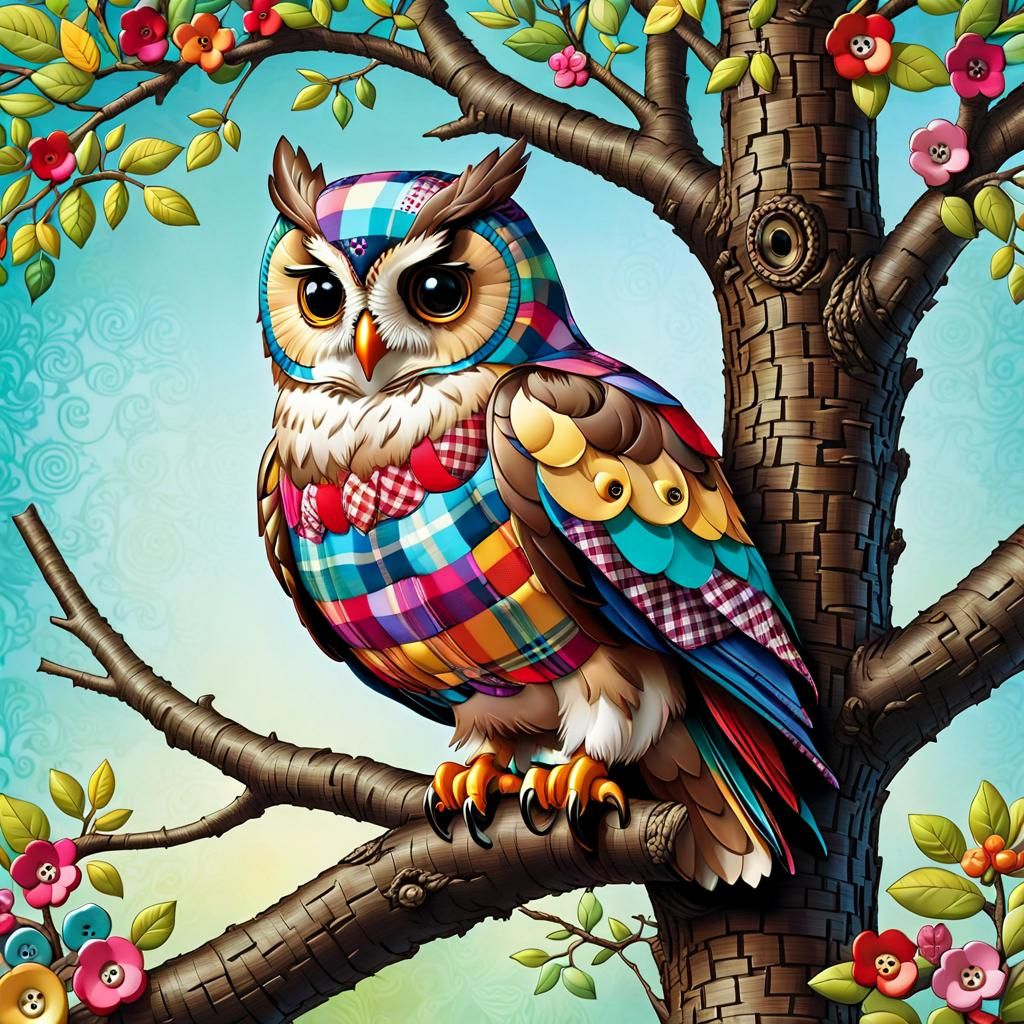 Colorful Plaid Owl in Tree, Digital Mixed Media