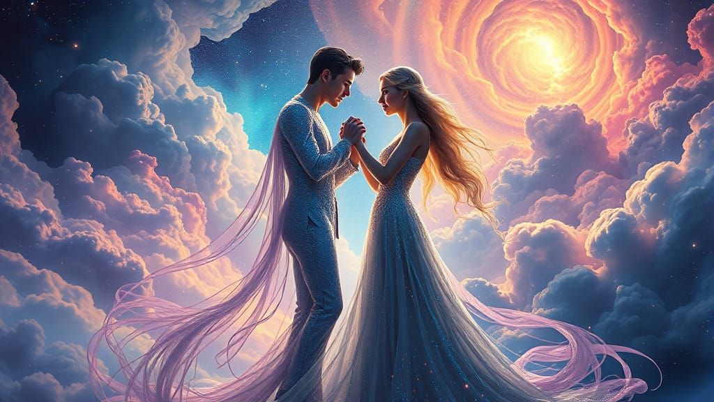 Ethereal Lovers Dancing Amidst Cosmic Clouds