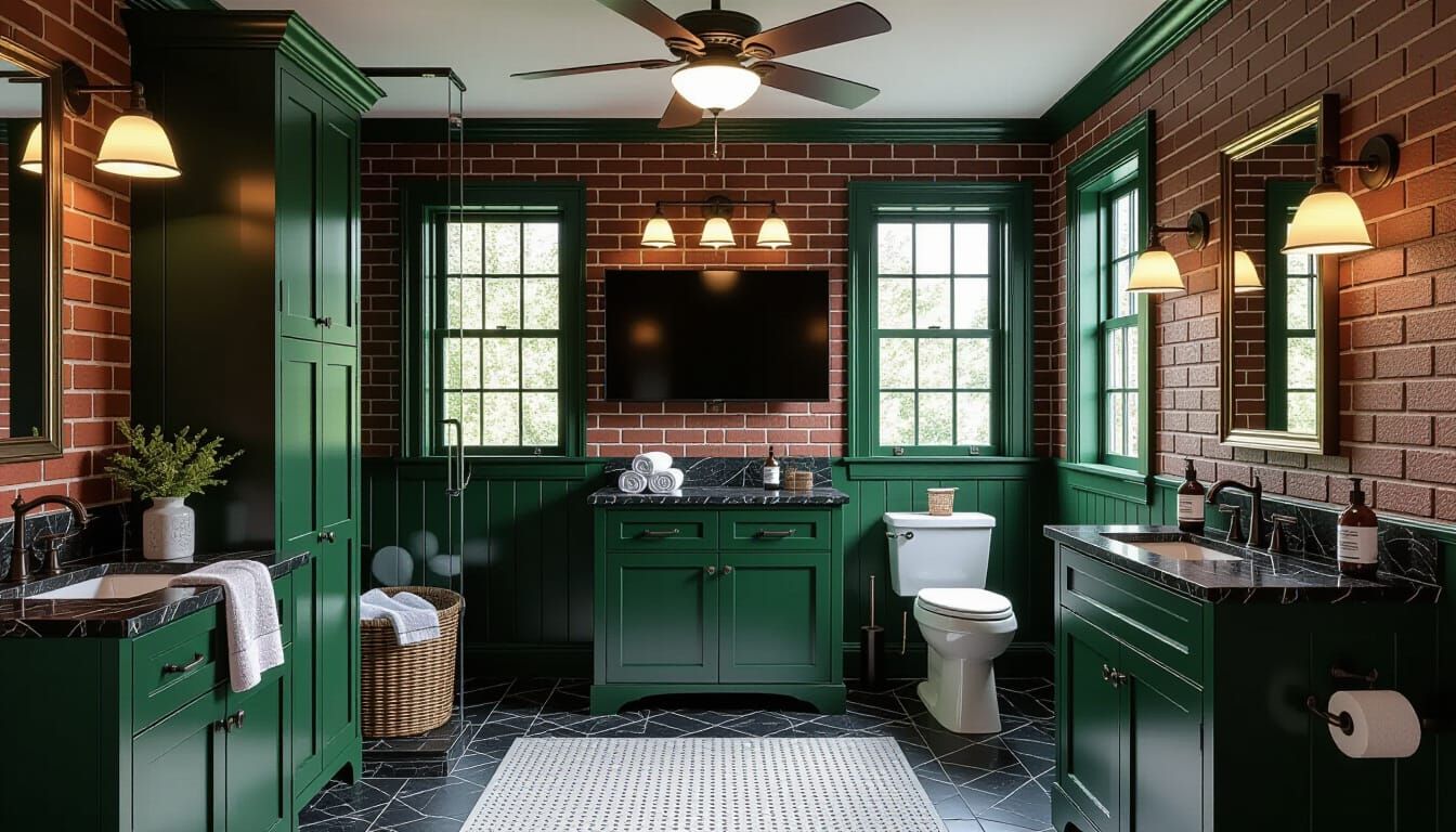 Victorian Bathroom in Dark Green and Brick Colors