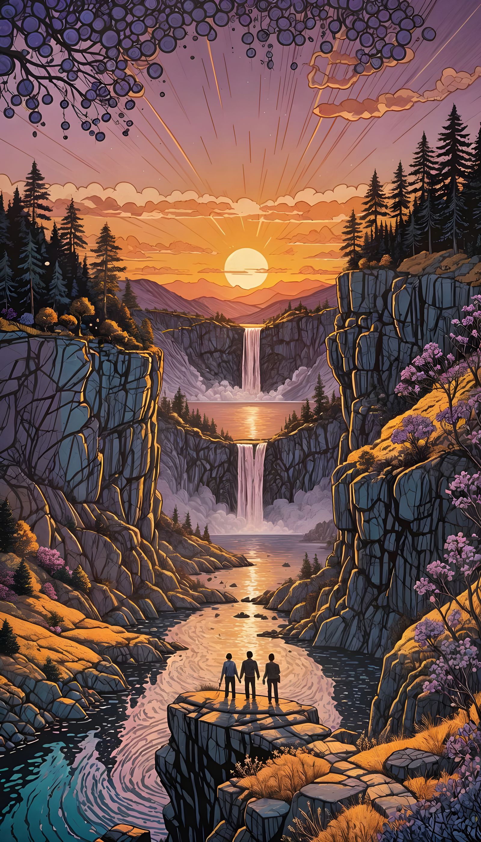 Surreal Springtime Landscape with Floating Island and Settin...