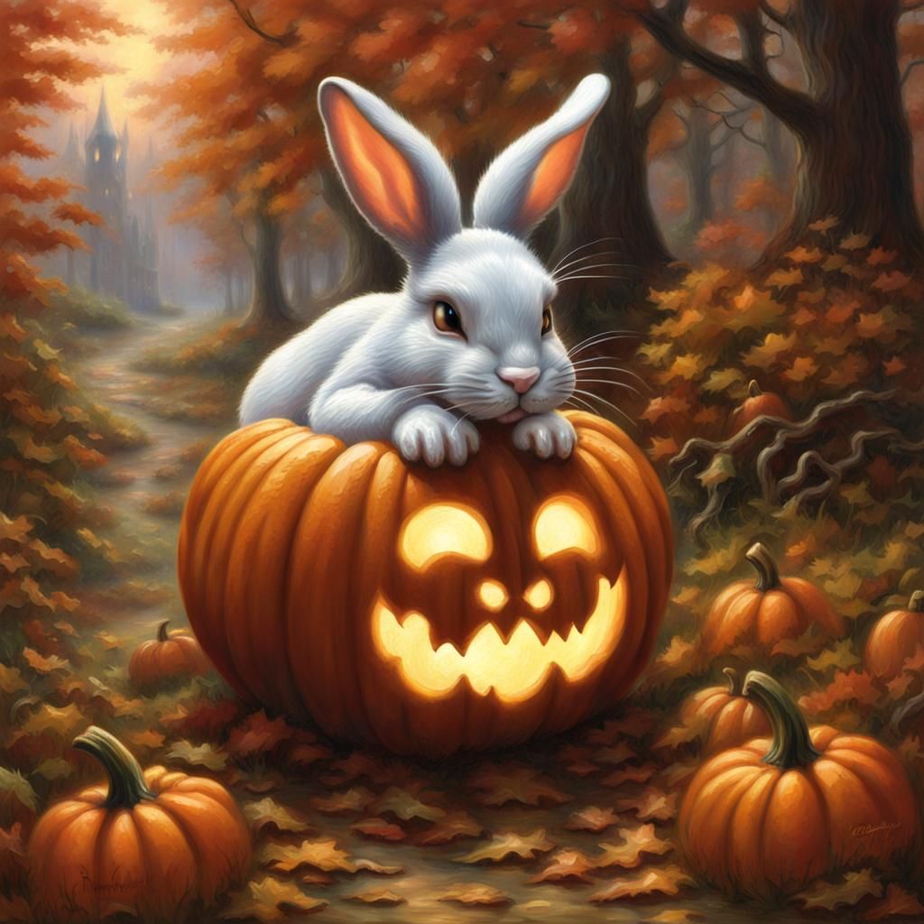 A bunny carved into a pumpkin with fangs
