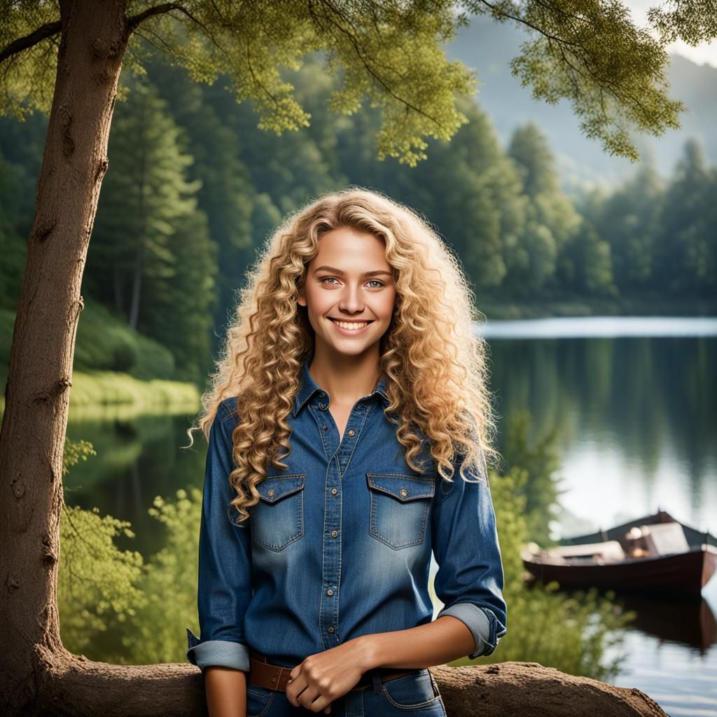 Portrait of a Blond Teenage Girl by a Lake